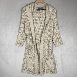 NATURAL REFLECTIONS Open Cardigan Sz L Cotton Oatmeal Open Knit Sweater Pockets
